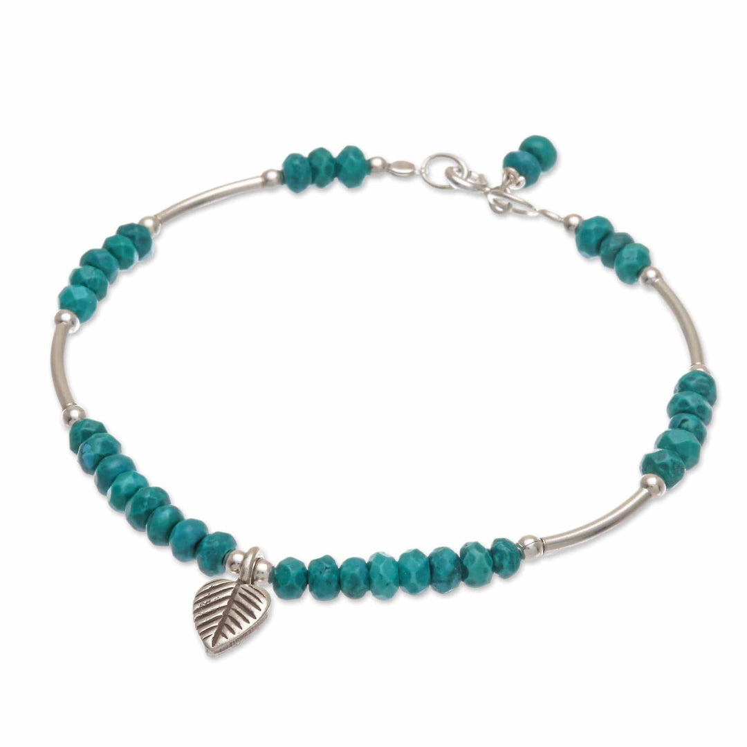 Sterling Silver Leaf Charm Bracelet - Stillness in Turquoise