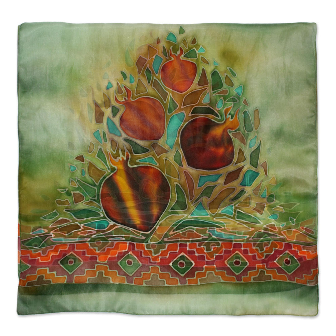Armenian Hand Painted Scarf in 100% Silk - Pomegranate Summer