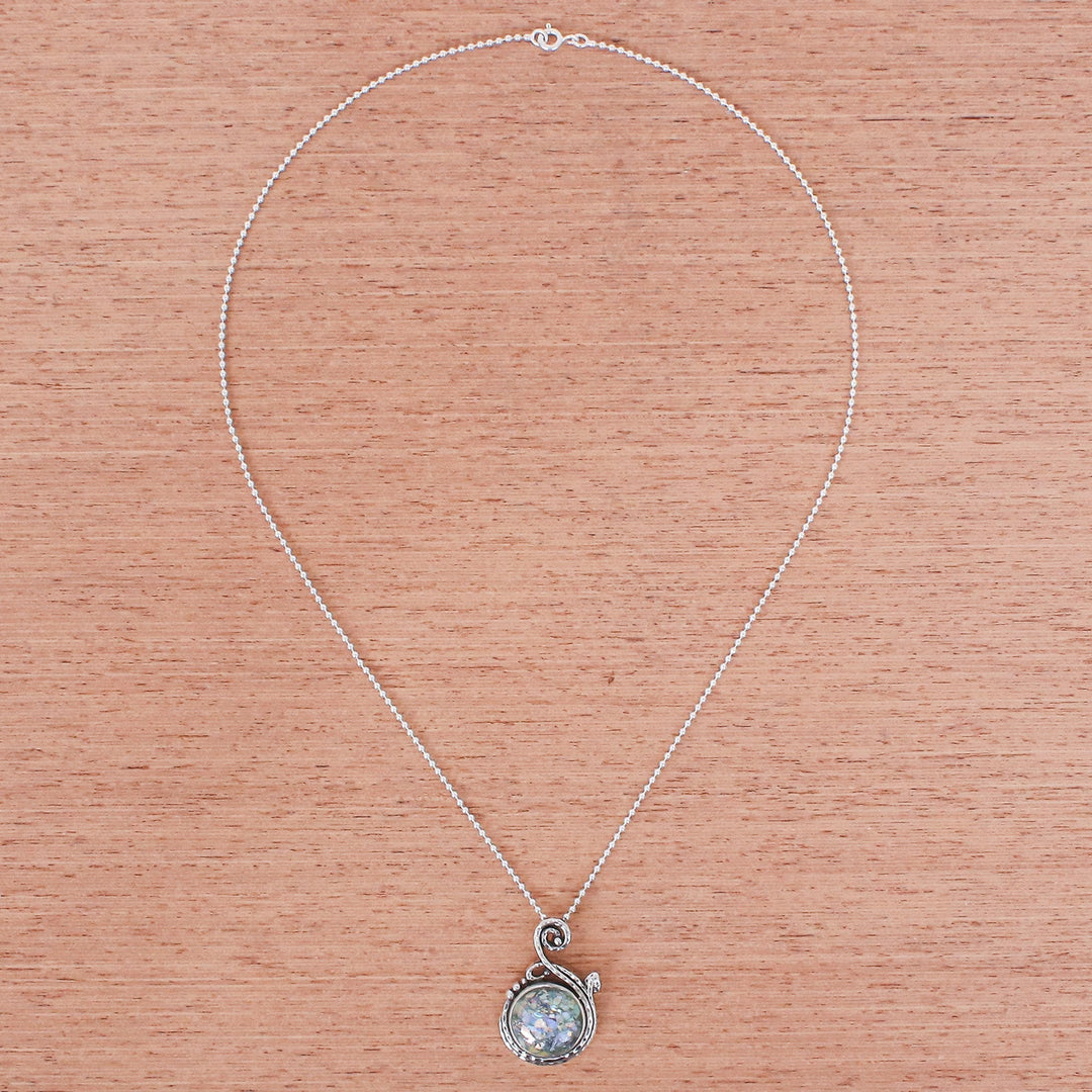 Roman Glass and Sterling Silver Pendant Necklace - Morning Shimmer