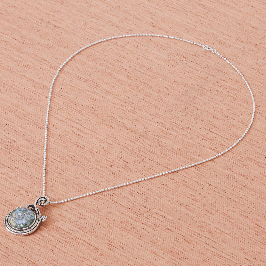 Roman Glass and Sterling Silver Pendant Necklace - Morning Shimmer