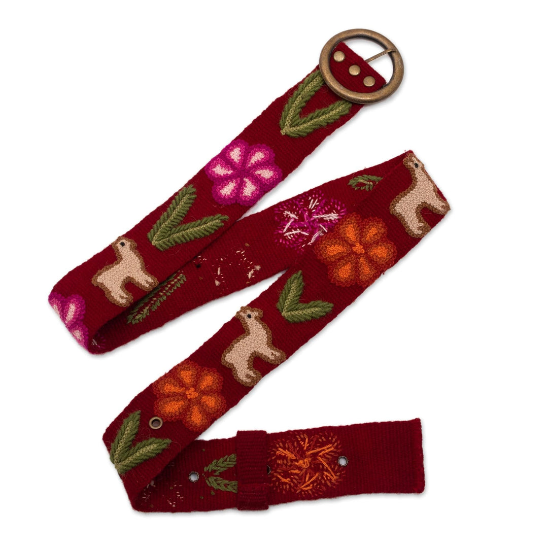 Wool Belt with Llama Embroidery - Llamas on Claret
