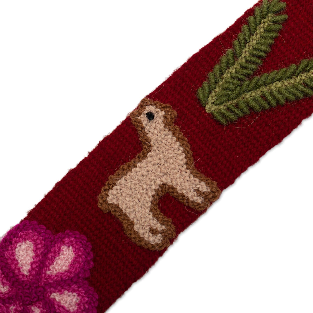 Wool Belt with Llama Embroidery - Llamas on Claret