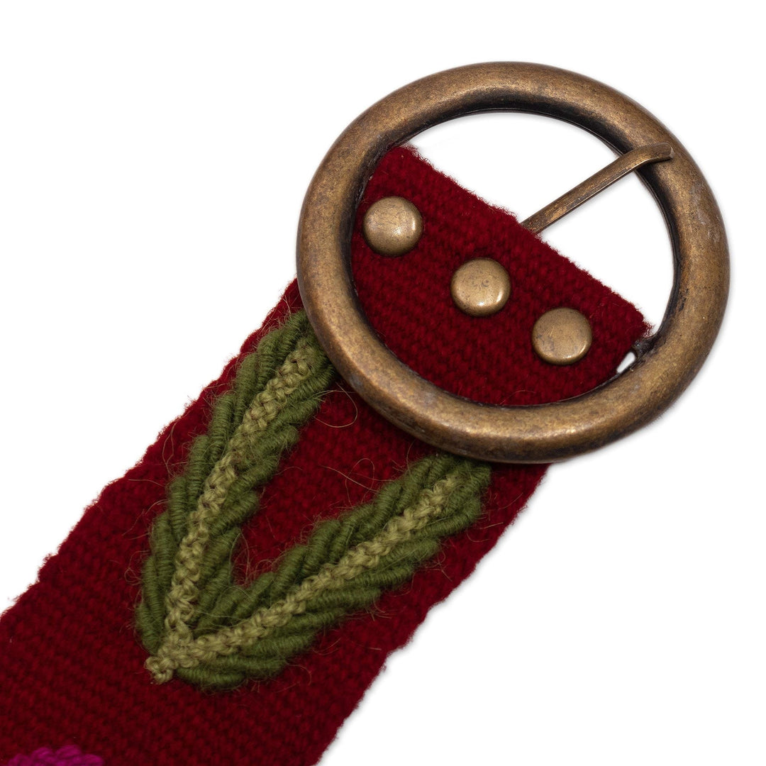 Wool Belt with Llama Embroidery - Llamas on Claret