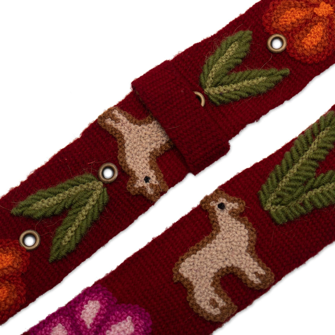Wool Belt with Llama Embroidery - Llamas on Claret