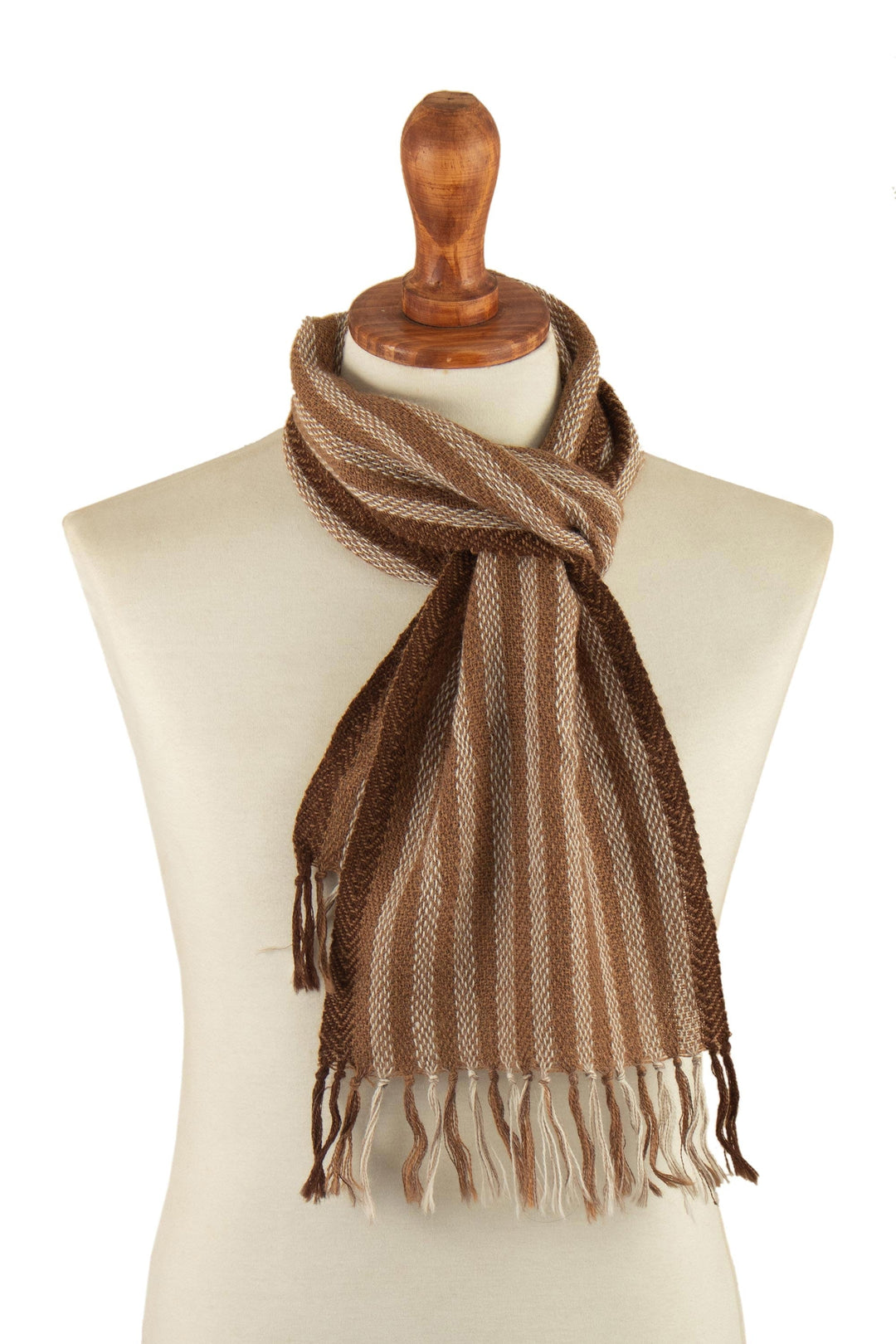 Fringed Brown Alpaca Scarf - Cinnamon Stripe
