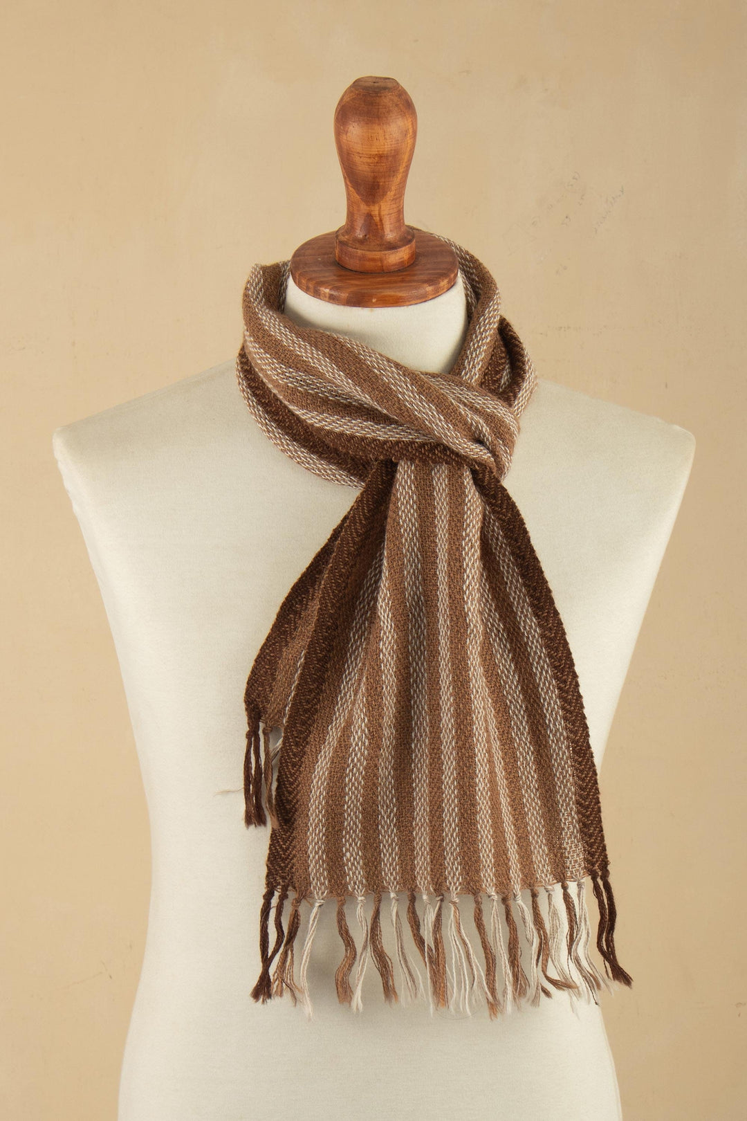 Fringed Brown Alpaca Scarf - Cinnamon Stripe