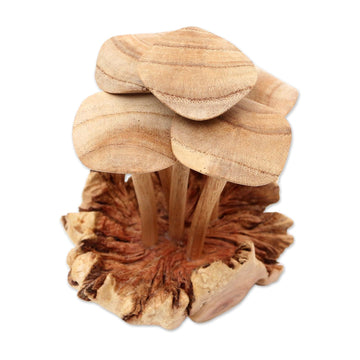 Hand Made Jempinis Wood Mushroom Statuette - Tiger Milk Mushroom
