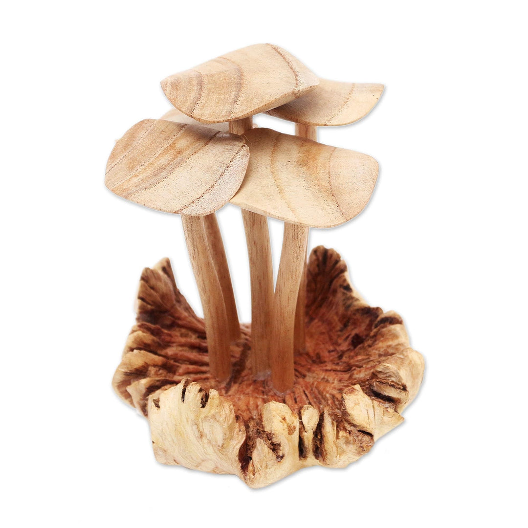 Hand Made Jempinis Wood Mushroom Statuette - Tiger Milk Mushroom