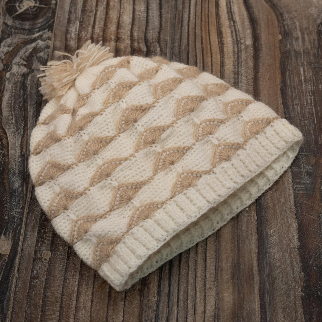 Beige and White Knit Hat - Winter Fans