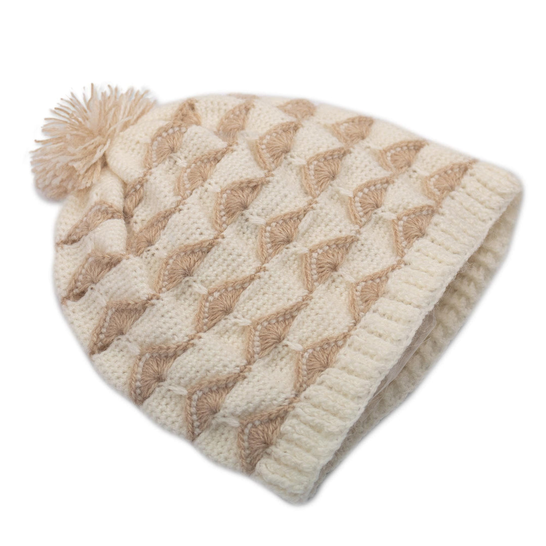 Beige and White Knit Hat - Winter Fans
