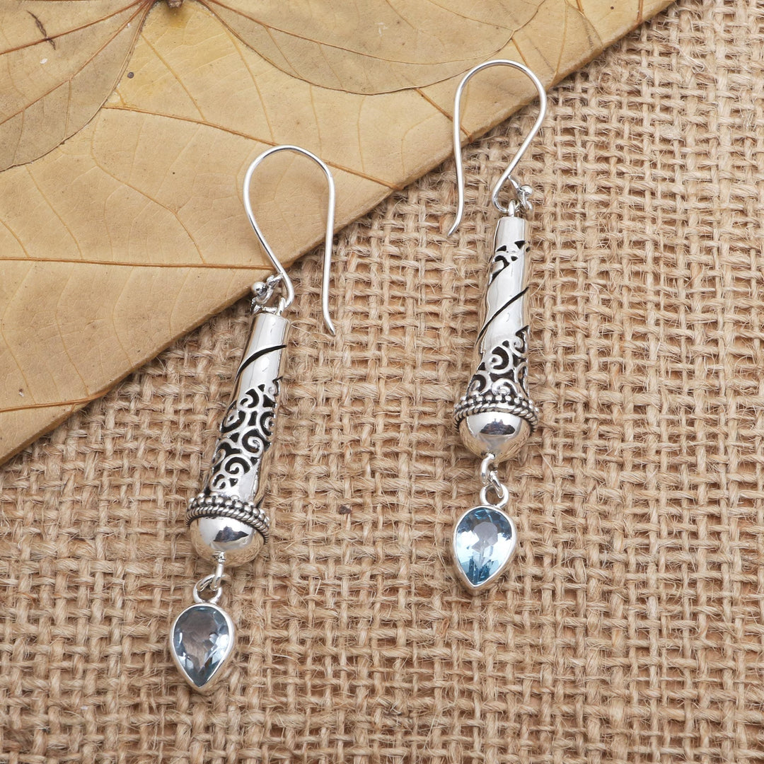 Handmade Sterling Silver and Blue Topaz Dangle Earrings - Blue Lantern