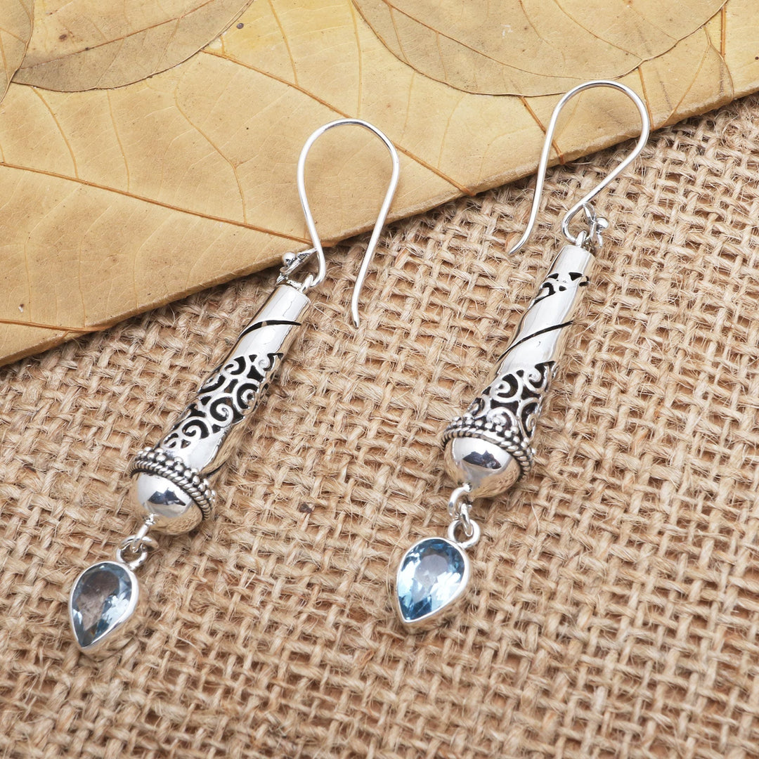Handmade Sterling Silver and Blue Topaz Dangle Earrings - Blue Lantern
