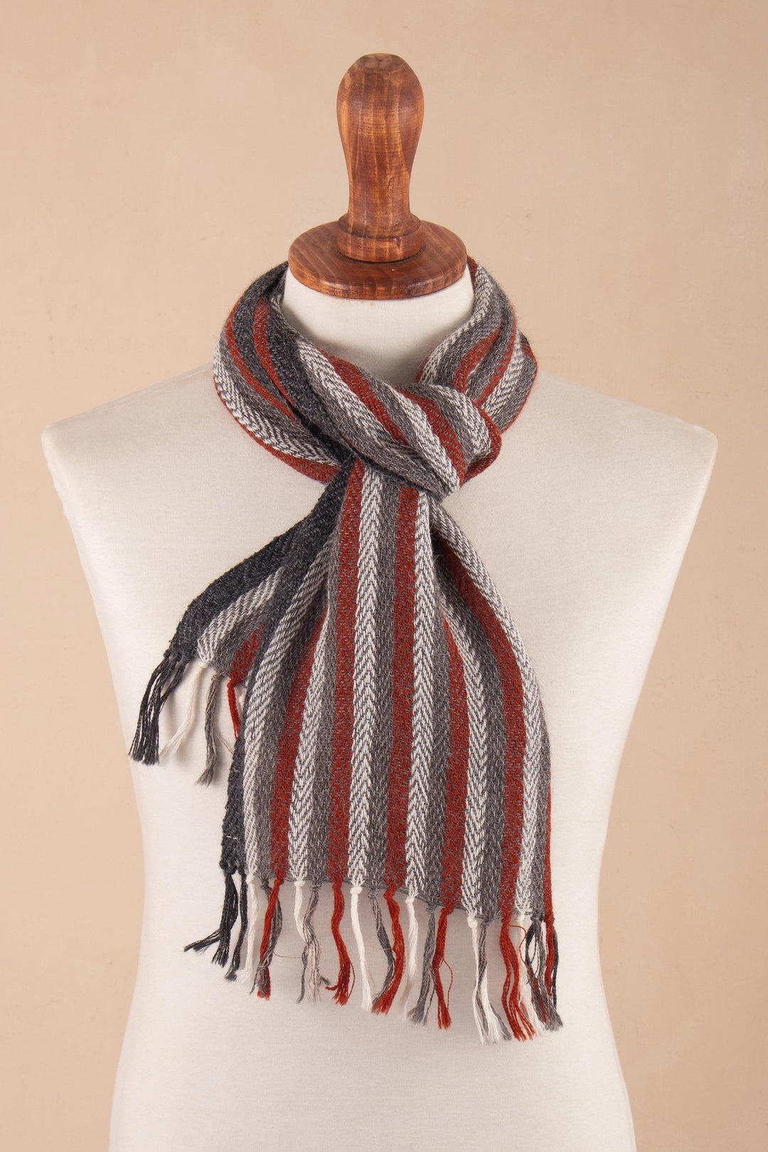 Hand Loomed Vermilion and Grey Scarf - Tarma Sunset
