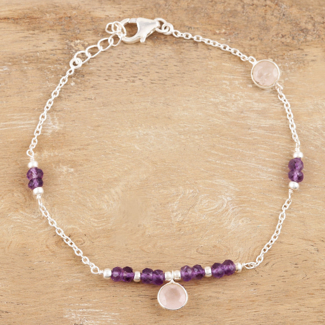Handmade Amethyst and Rose Quartz Charm Bracelet - Pink Morning