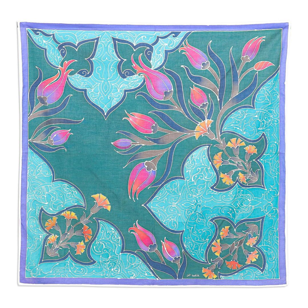 Batik Cotton Tablecloth with Floral Motif - Caribbean Blue