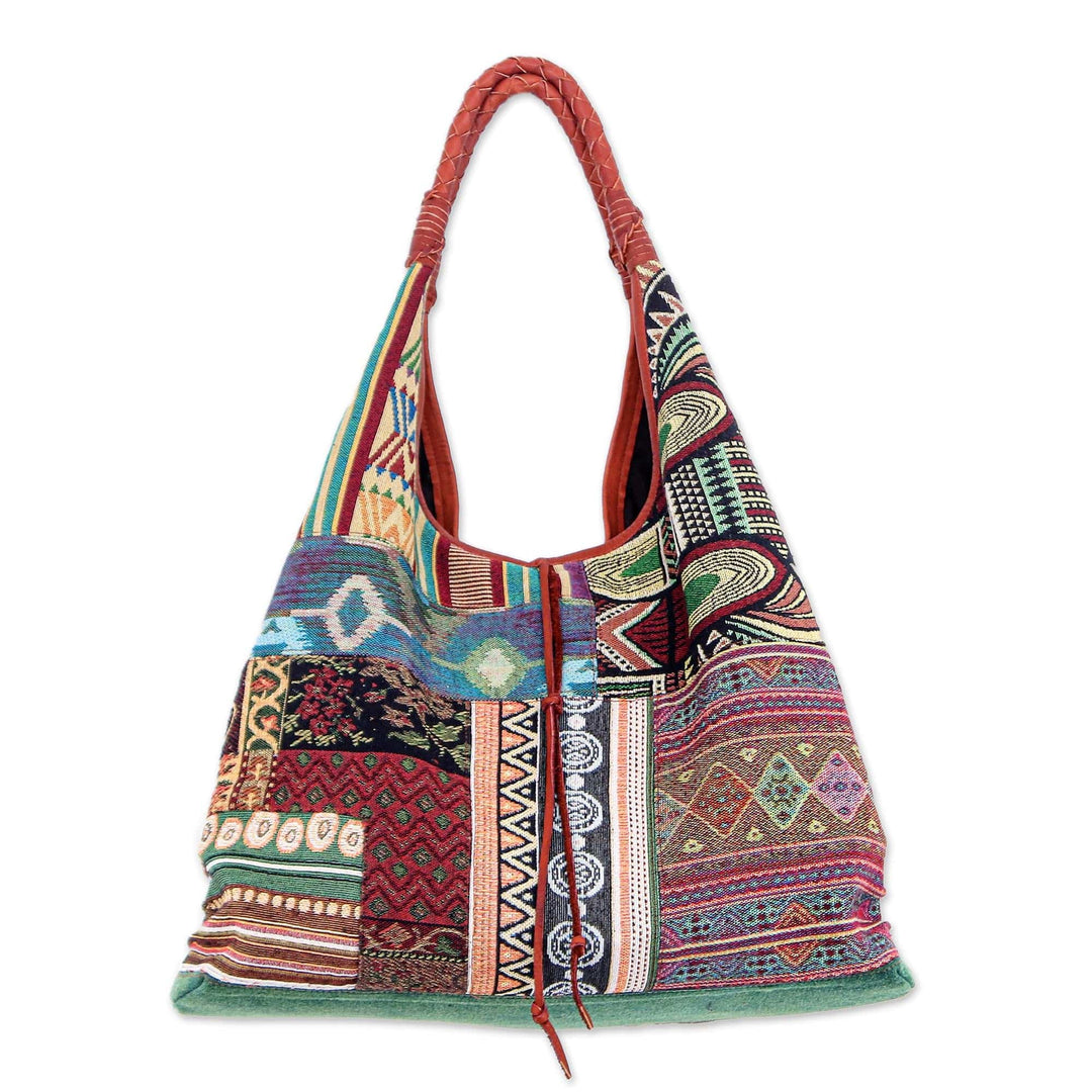 Cotton Blend and Leather Accented Hobo Handbag - Natural Geometry