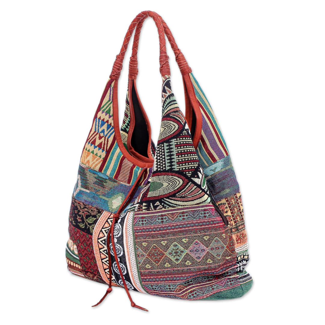 Cotton Blend and Leather Accented Hobo Handbag - Natural Geometry