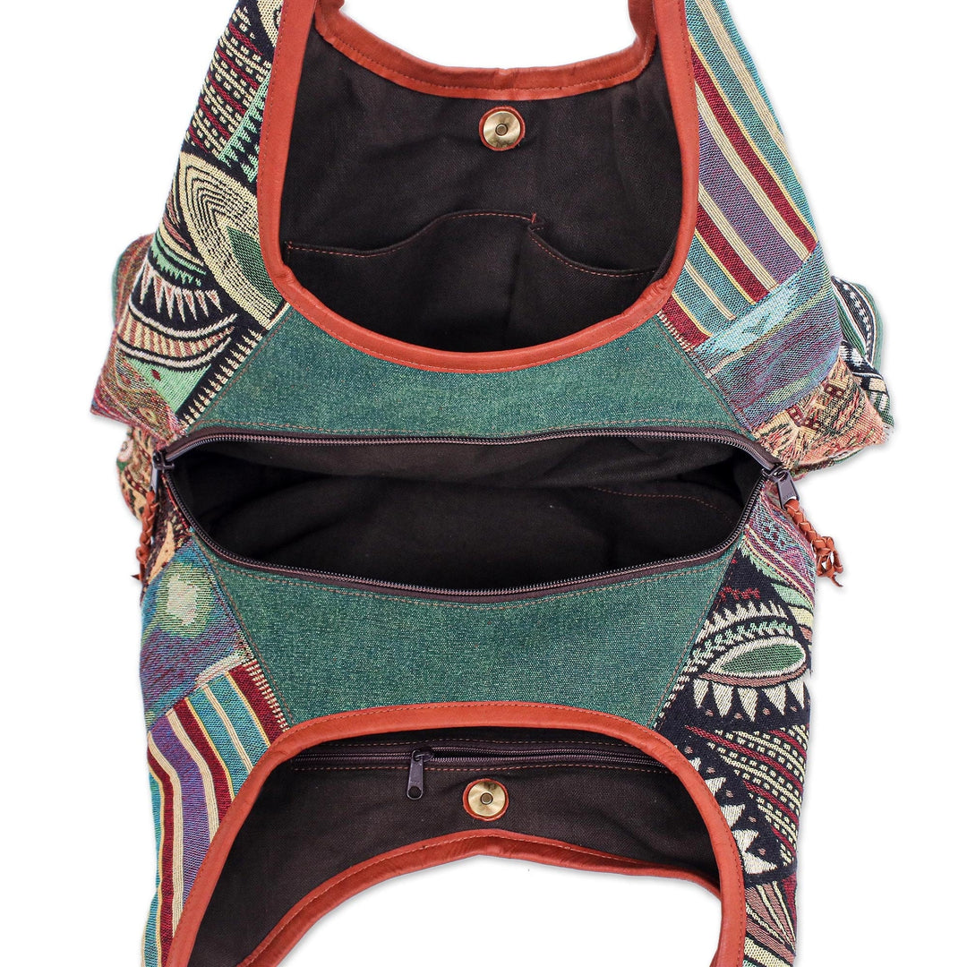 Cotton Blend and Leather Accented Hobo Handbag - Natural Geometry