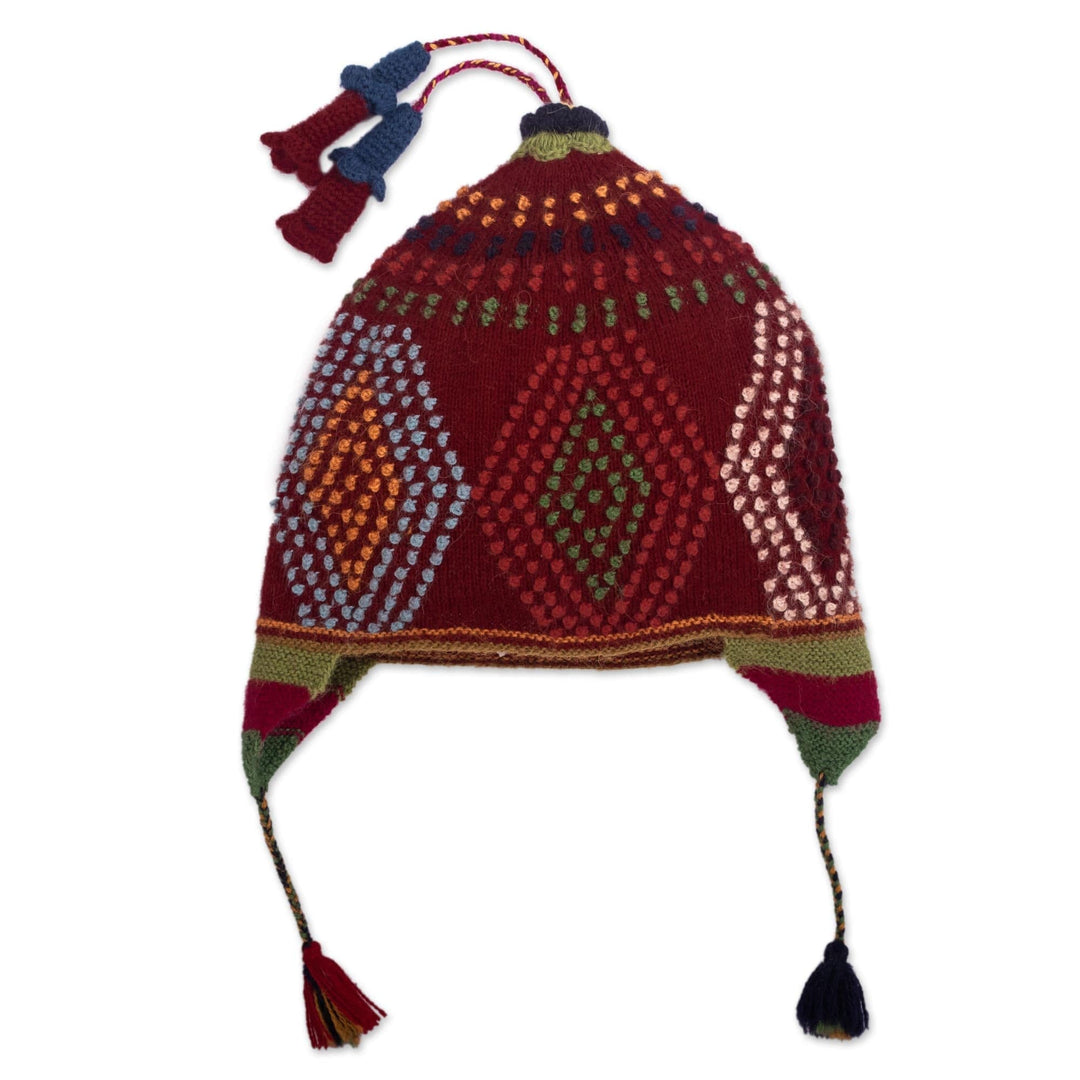 100% Baby Alpaca Peruvian Cap With Ear Flaps and Tassels - Cantuta Flower
