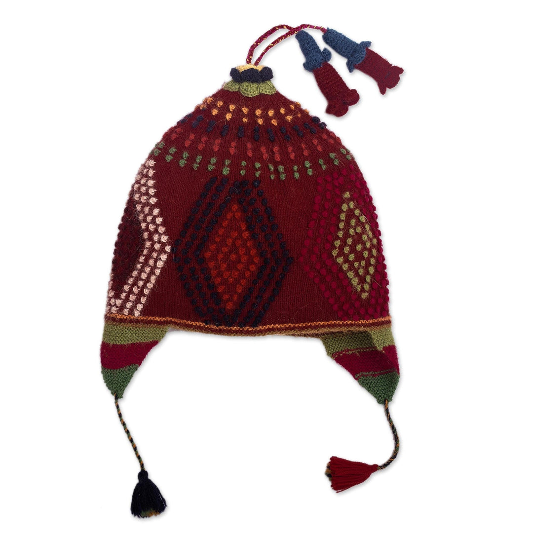 100% Baby Alpaca Peruvian Cap With Ear Flaps and Tassels - Cantuta Flower