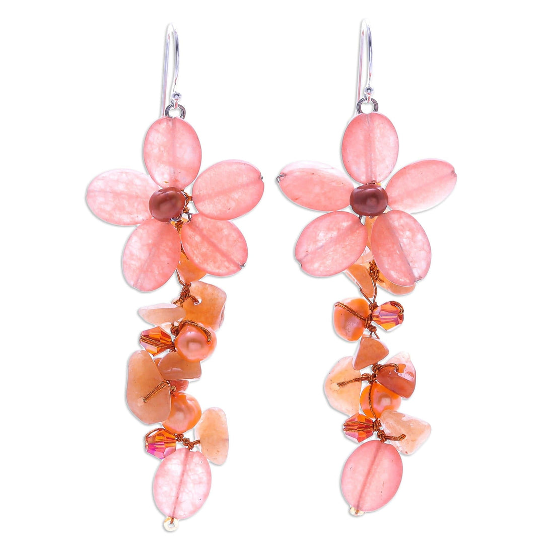 Aventurine and Cultured Pearl Floral Earrings - Petal Passion in Orange