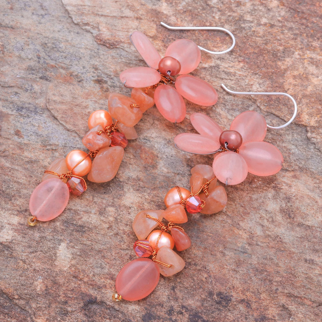 Aventurine and Cultured Pearl Floral Earrings - Petal Passion in Orange