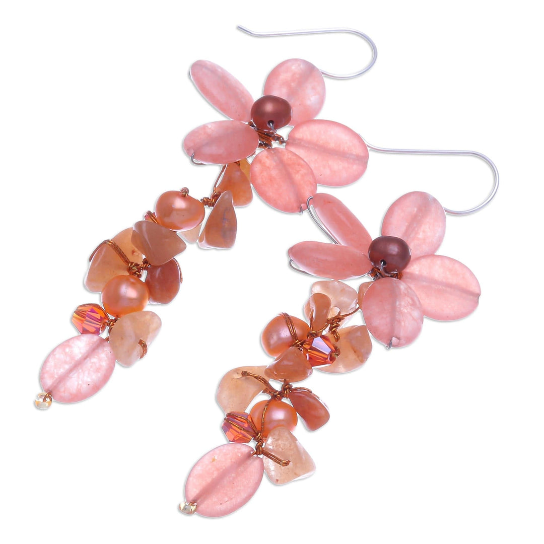 Aventurine and Cultured Pearl Floral Earrings - Petal Passion in Orange