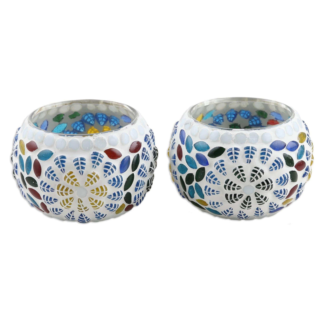 Glass Flower Mosaic Tealight Candle Holders (Pair) - Moonlight Leaves