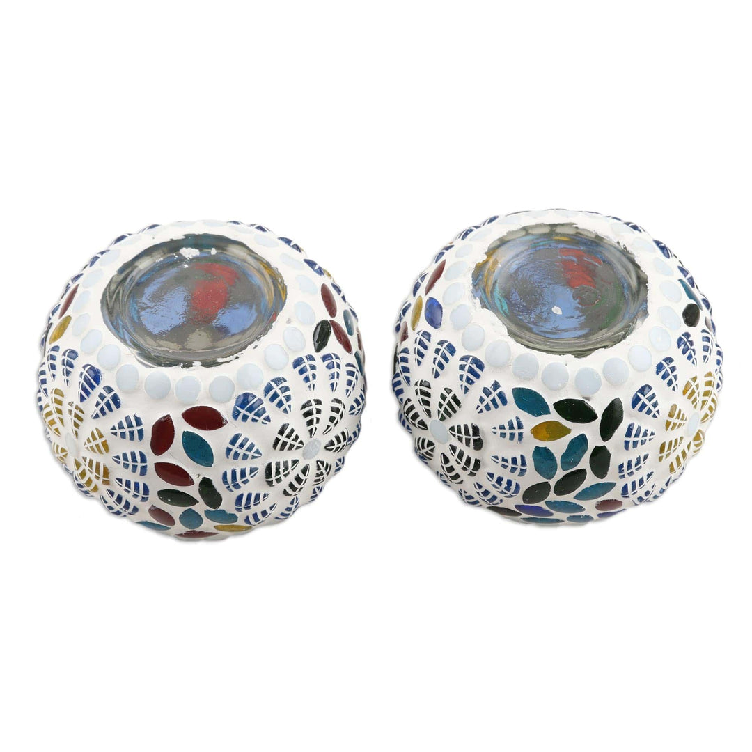 Glass Flower Mosaic Tealight Candle Holders (Pair) - Moonlight Leaves