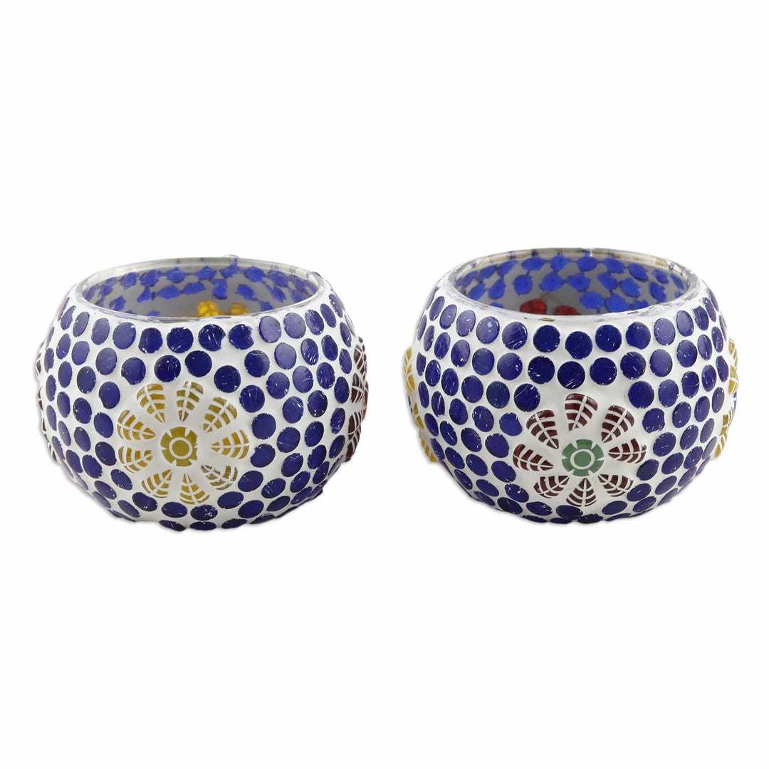 Blue Glass Mosaic Tealight Candleholders (Pair) - Royal Light