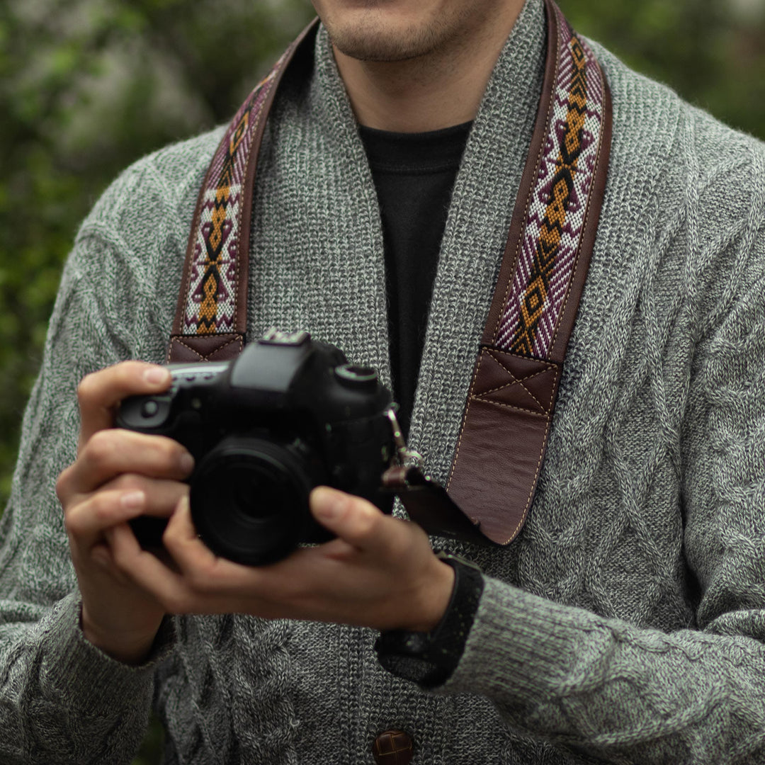 Artisan Crafted Peruvian Leather and Wool Camera Strap - Brown Adventure