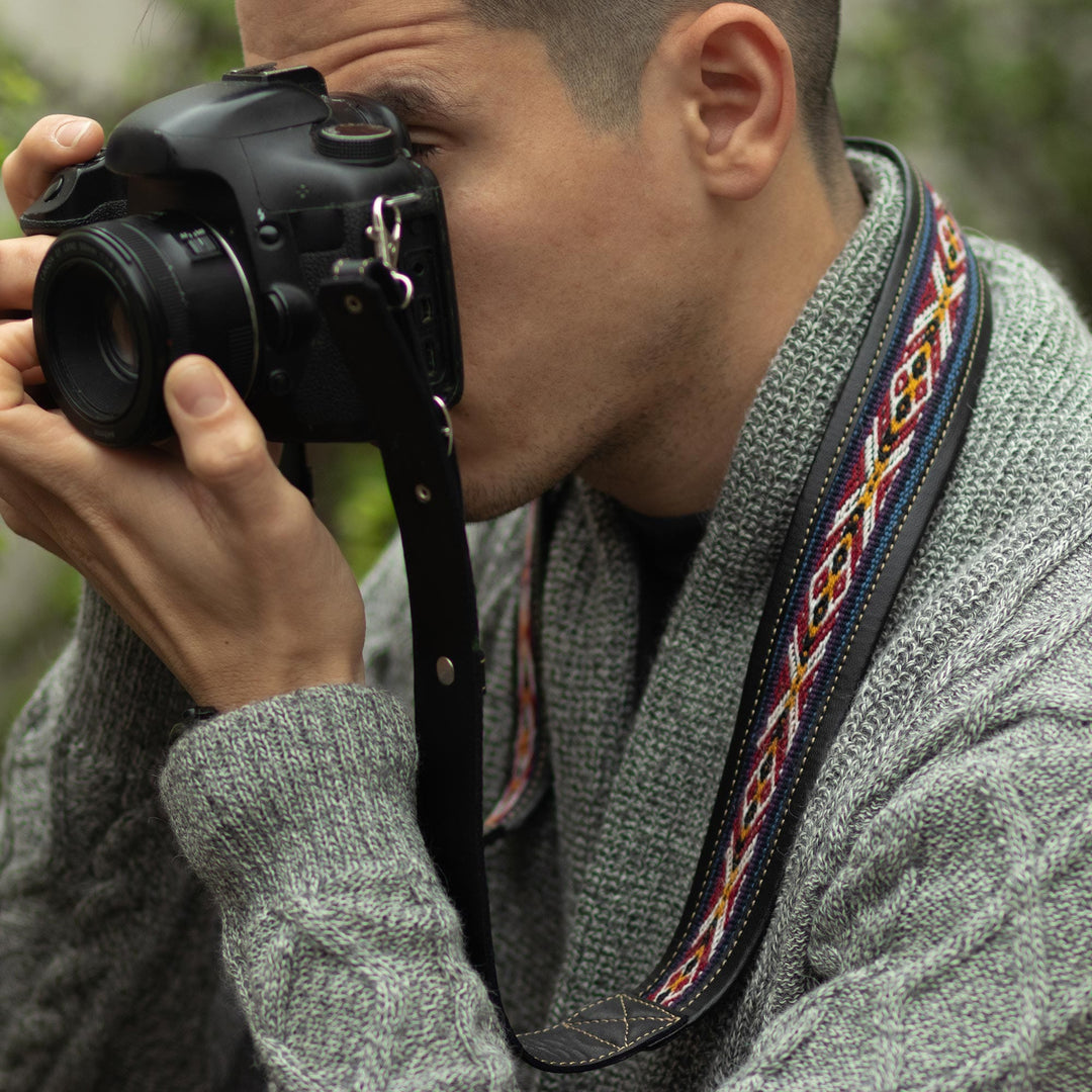 Handmade Leather and Wool Camera Strap - Inca Adventure