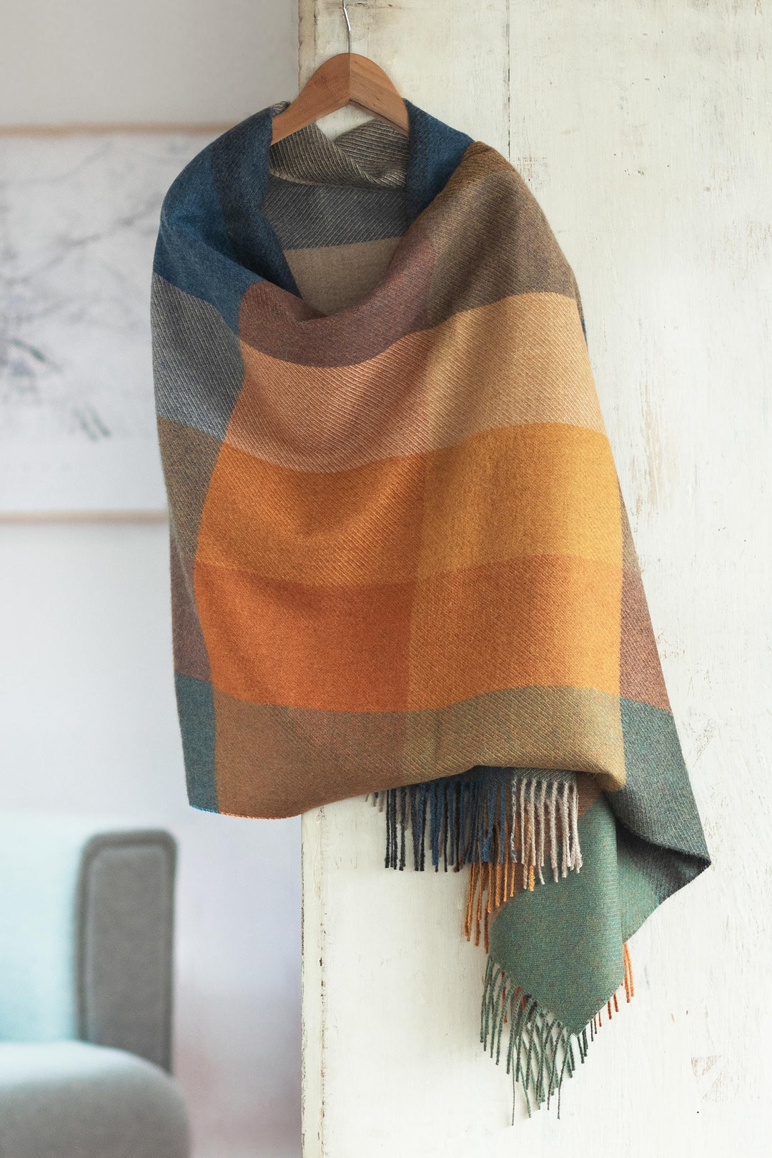 Super Soft Brown-Orange Plaid Alpaca Wool Patterned Scarf - Autumn Squared