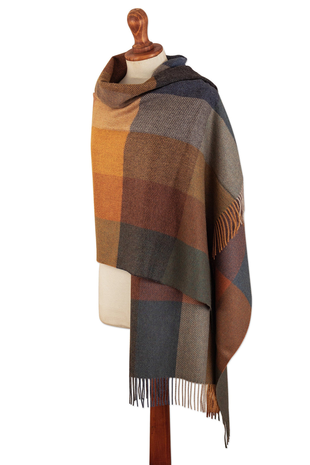 Super Soft Brown-Orange Plaid Alpaca Wool Patterned Scarf - Autumn Squared