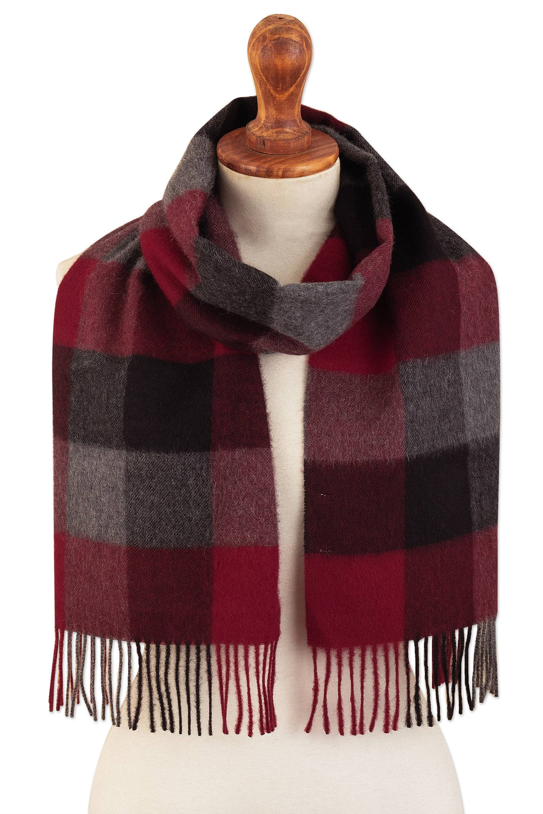 Very Soft Red and Black Plaid Alpaca Wool  Scarf - Red Squared