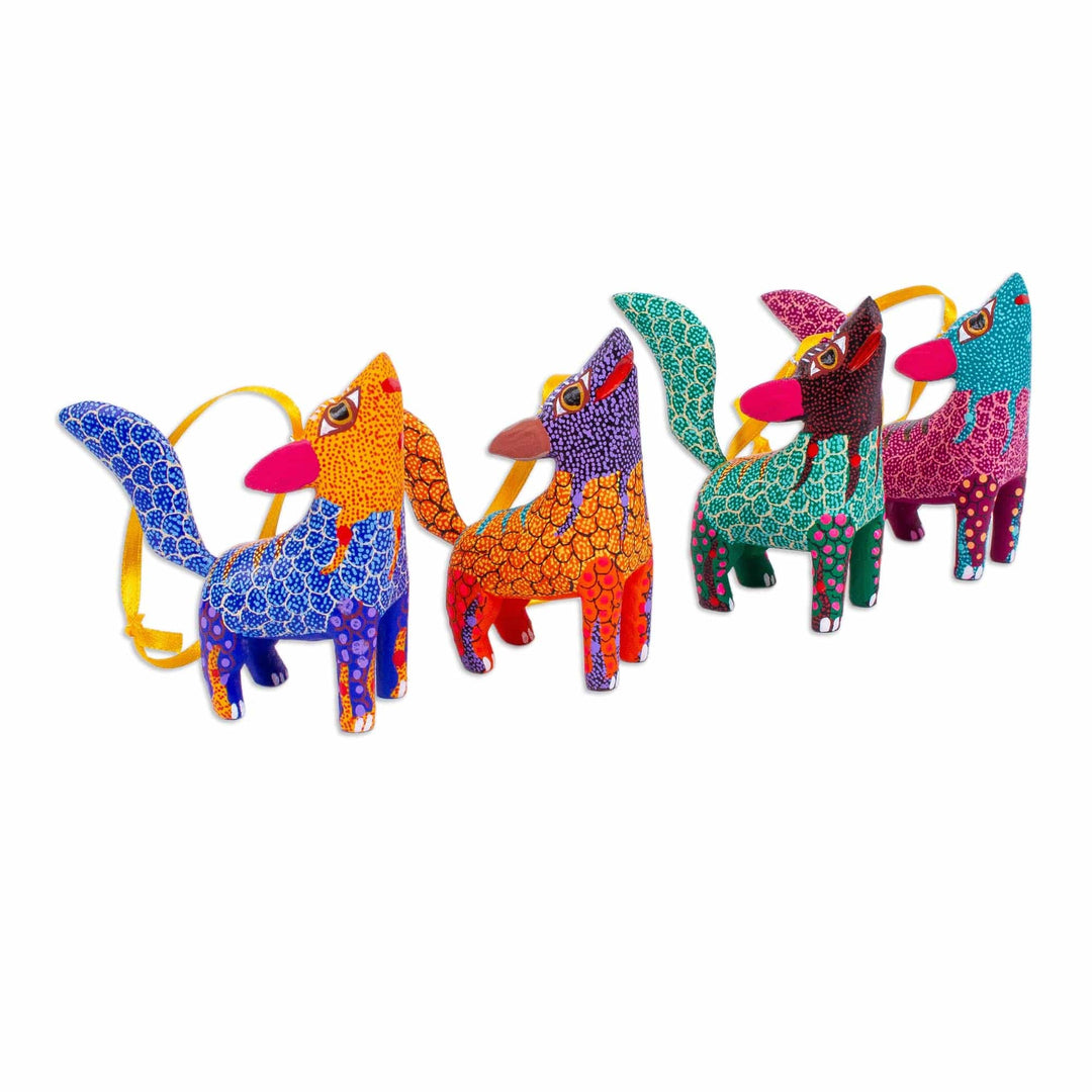 Handmade Wood Alebrije Coyote Ornaments (Set of 4) - Howling Coyotes