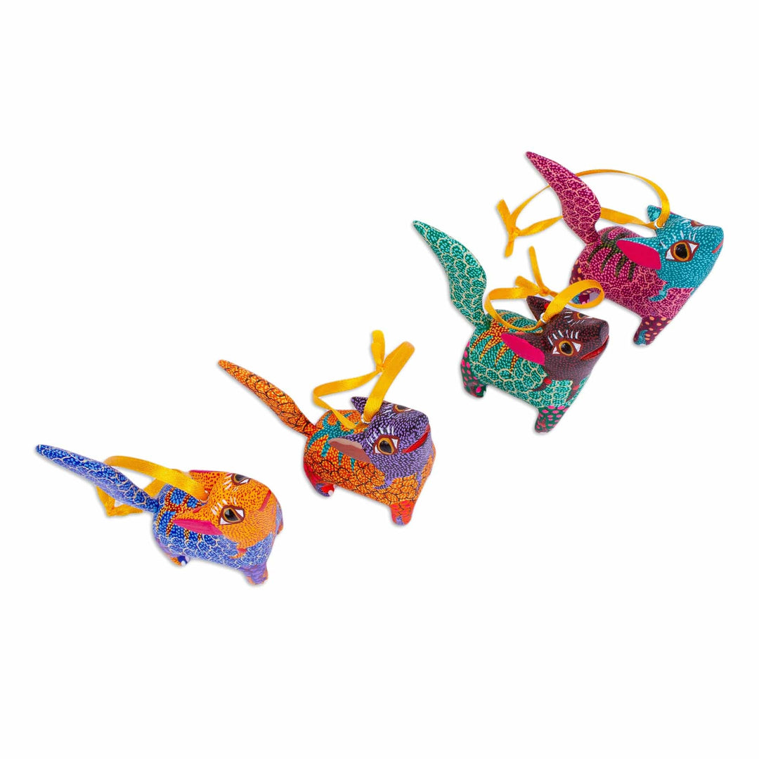 Handmade Wood Alebrije Coyote Ornaments (Set of 4) - Howling Coyotes