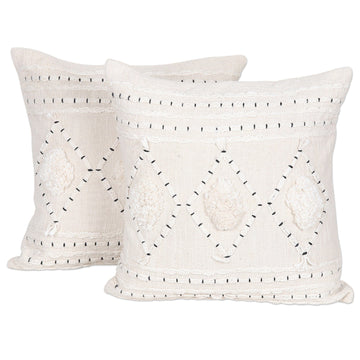 Embroidered Cotton Cushion Covers from India (Pair) - Ivory Diamonds
