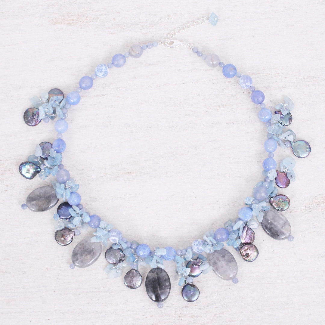 Thai Chalcedony and Aquamarine Beaded Necklace - Sea Candy in Blueberry