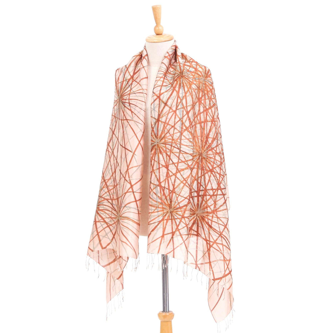 Hand-Painted Thai Silk Shawl - Firework Festival in Brown