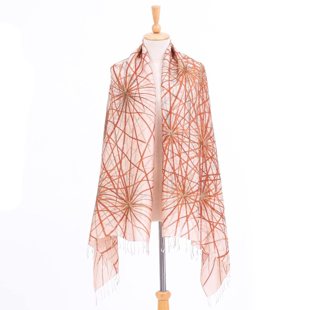 Hand-Painted Thai Silk Shawl - Firework Festival in Brown