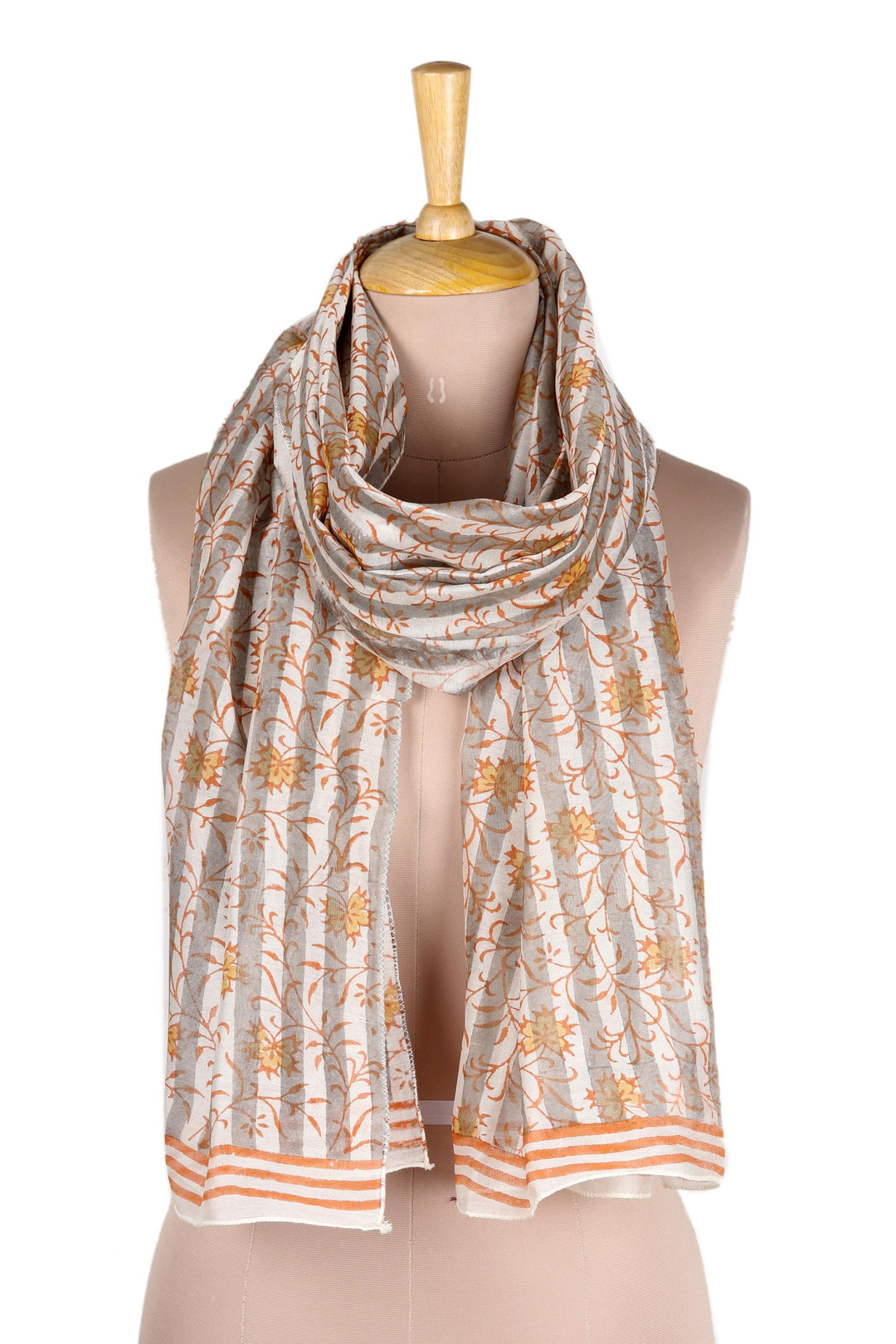 Screen Printed Striped Chanderi Cotton Scarf - Caramel Flowers