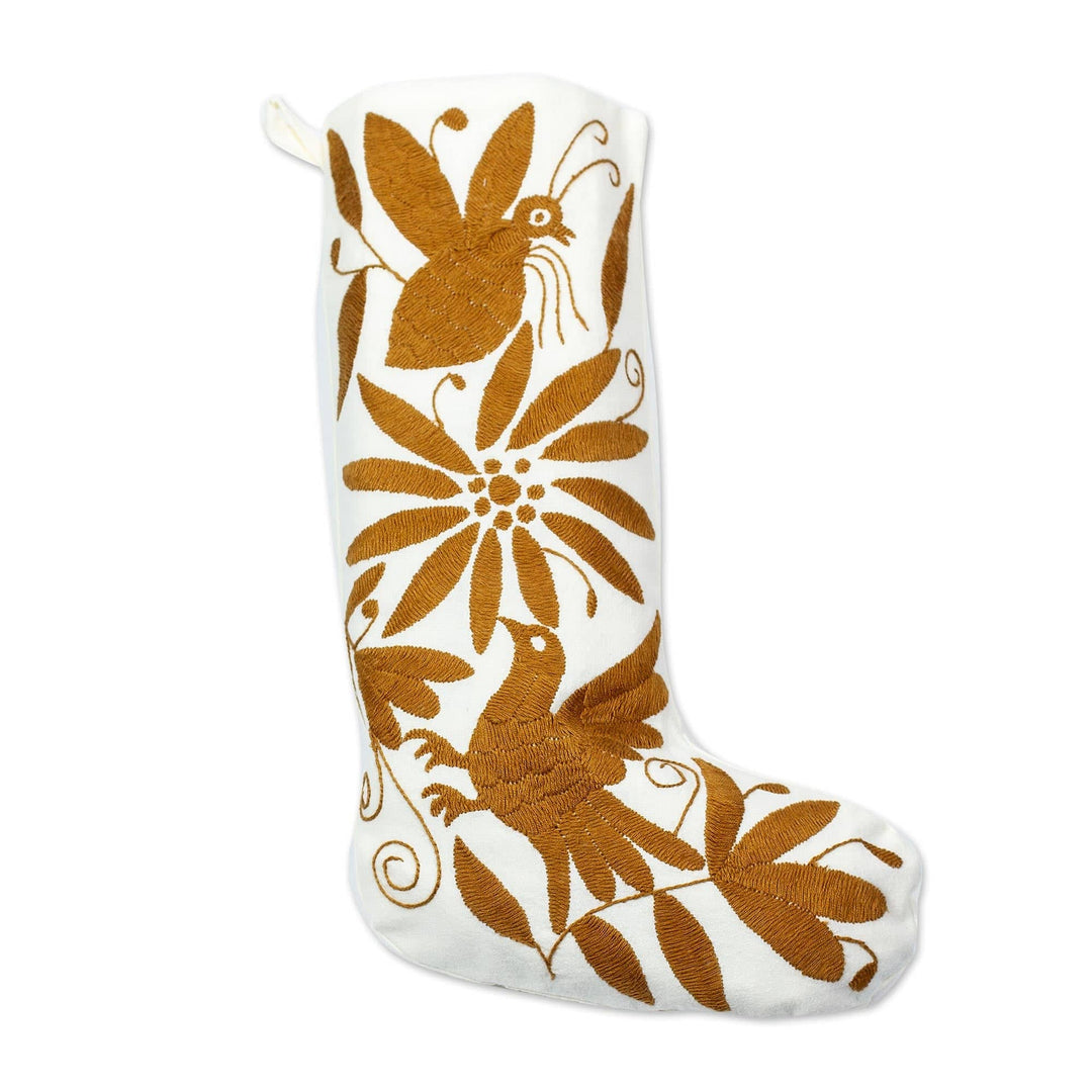 Golden Brown Tenango Embroidery Cotton Christmas Stocking - Tenango Boot in Golden Brown