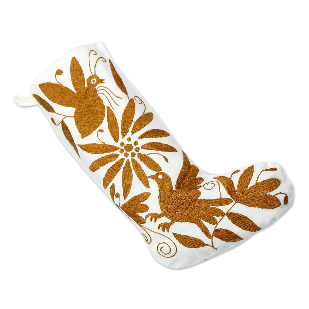 Golden Brown Tenango Embroidery Cotton Christmas Stocking - Tenango Boot in Golden Brown