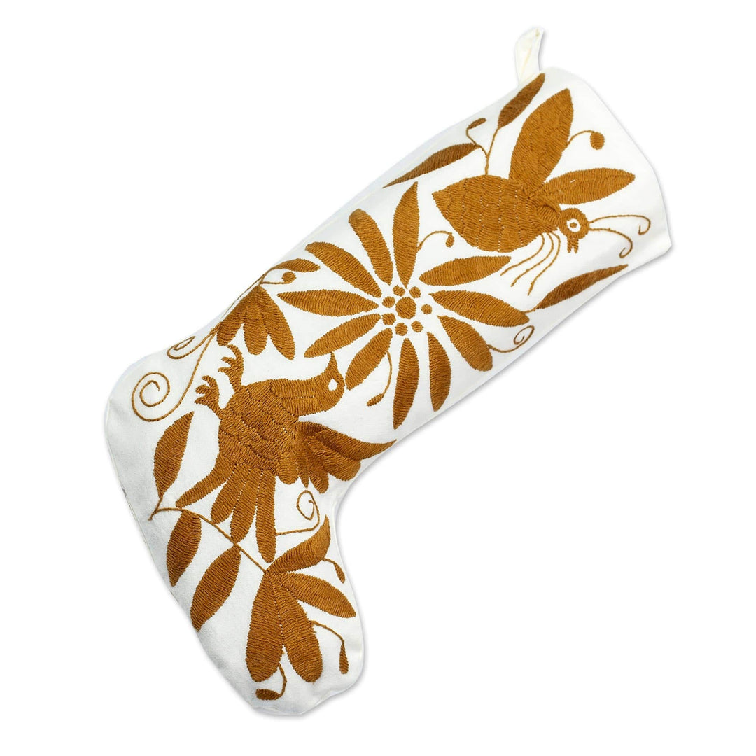 Golden Brown Tenango Embroidery Cotton Christmas Stocking - Tenango Boot in Golden Brown