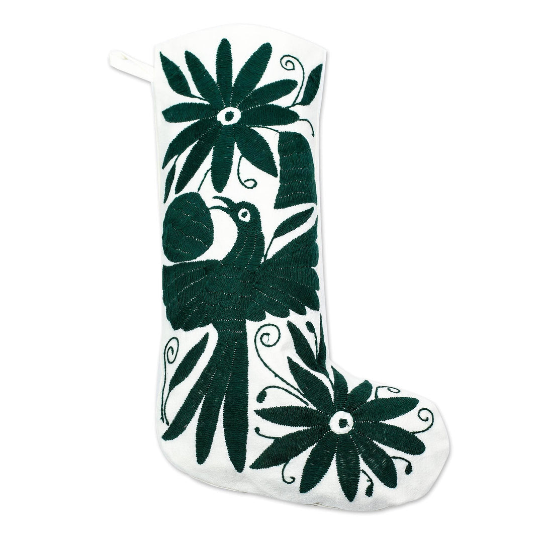 Dark Green Tenango Embroidered Christmas Stocking - Tenango Boot in Green