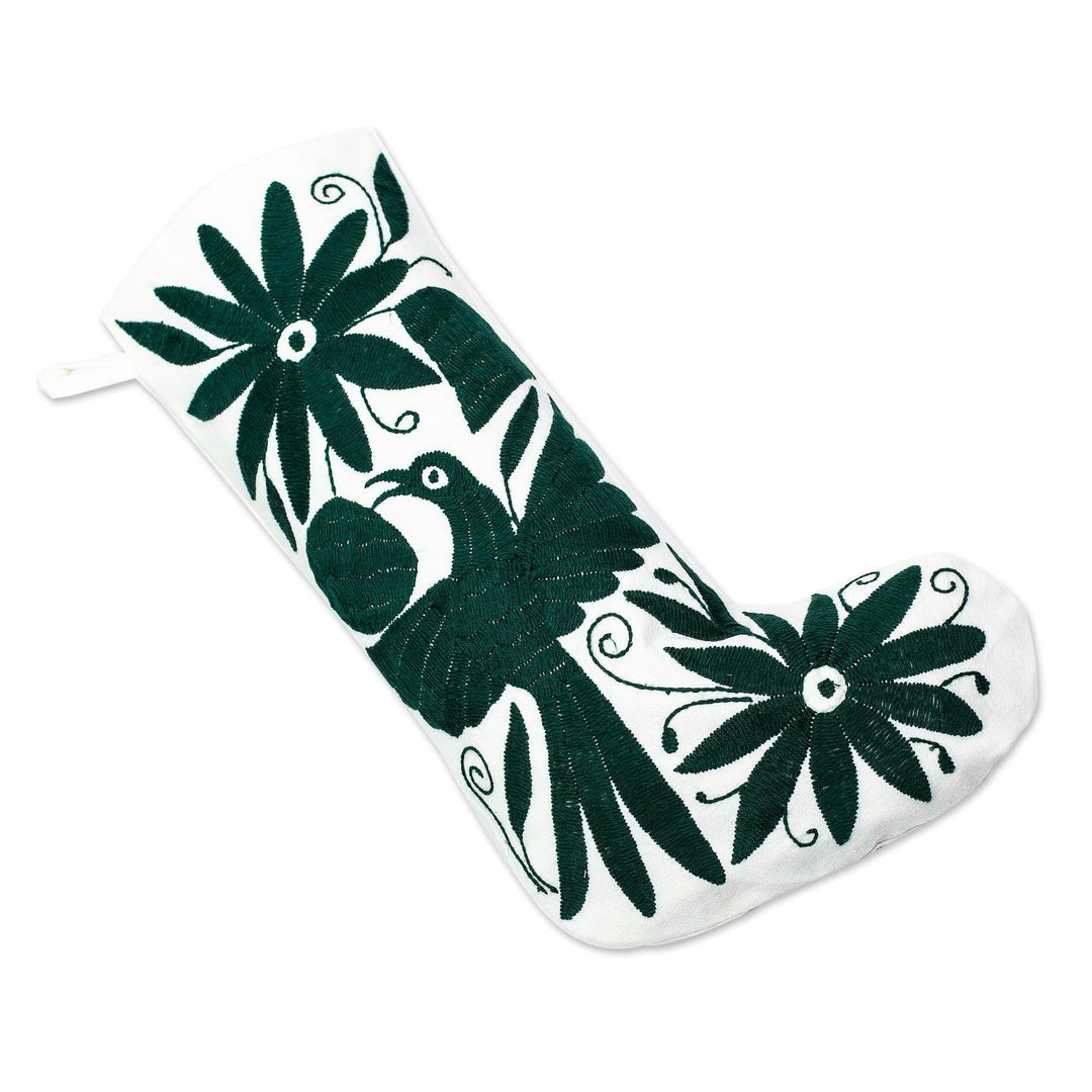 Dark Green Tenango Embroidered Christmas Stocking - Tenango Boot in Green
