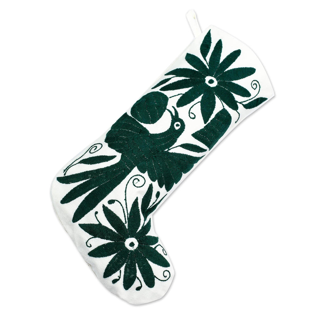 Dark Green Tenango Embroidered Christmas Stocking - Tenango Boot in Green