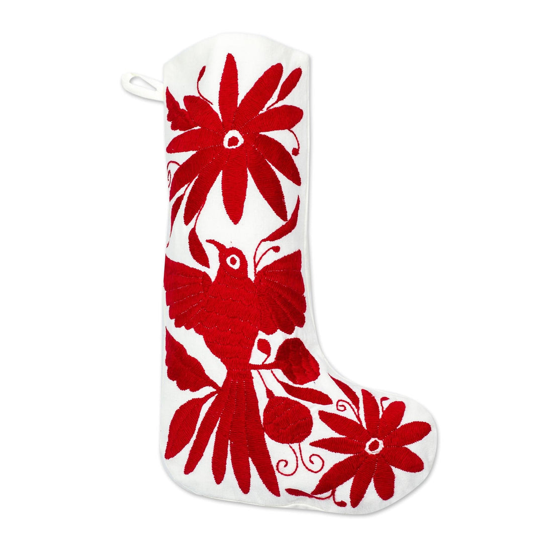 Red Tenango Style Embroidered Christmas Stocking From Mexico - Tenango Boot in Red