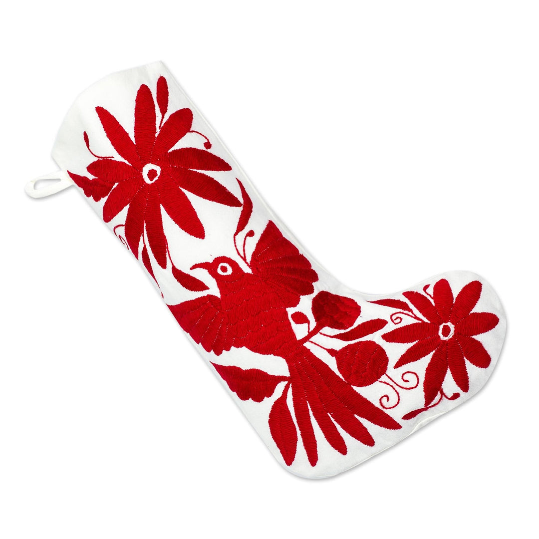 Red Tenango Style Embroidered Christmas Stocking From Mexico - Tenango Boot in Red